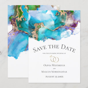 Convites Economize a Data Abstrato Turquesa Tinta Dourada d