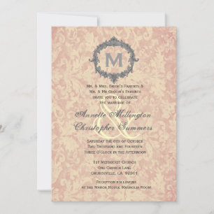 Convites Ecru Damask Vintage Frame Monograma Casamento V1
