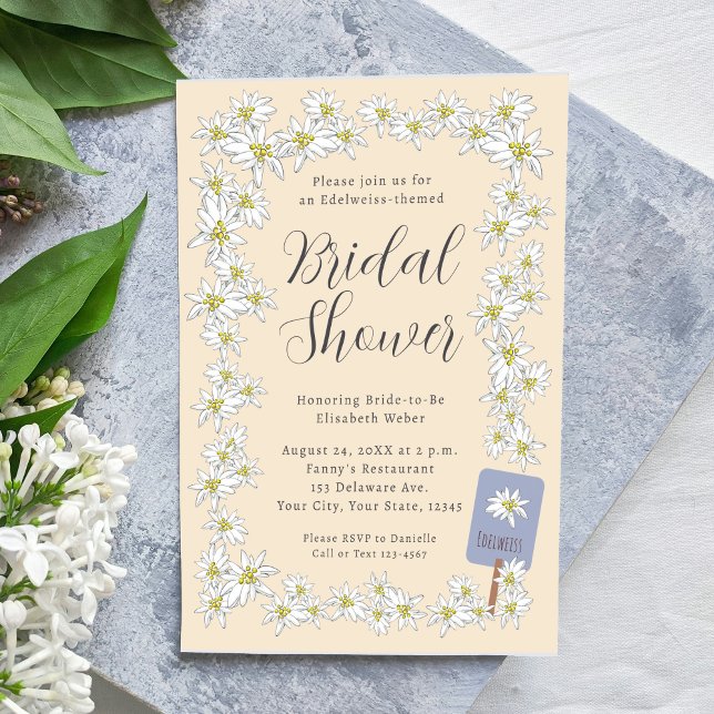 Convites Edelweiss Alps Chá de panela de Champanhe de Flor  (This Edelweiss themed bridal shower invitation features my hand-drawn border of Alpine wildflowers.)