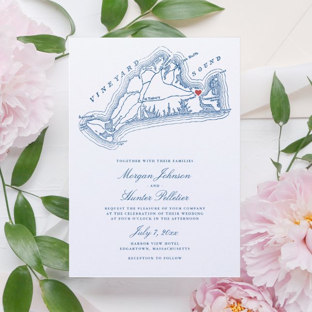 Convites Edgartown MÃE Map Marinho Elegante Casamento Azul (Elegant Navy Blue Martha's Vineyard Wedding Invitation with Edgartown, MA Map - Coastal Map Designs)
