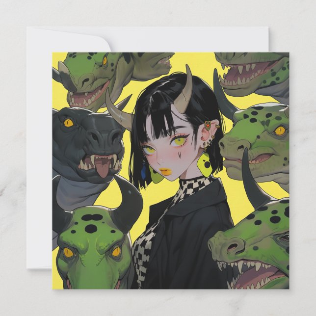 Convites Edgy Anime Girl com dinossauros (Frente)
