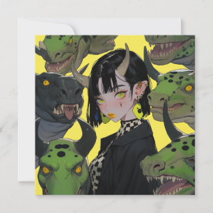 Convites Edgy Anime Girl com dinossauros
