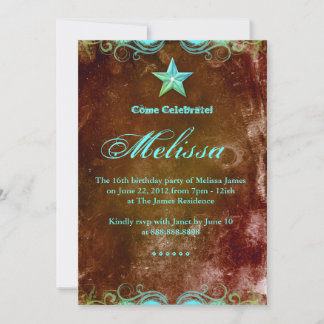 Convites Edgy Western Sweet 16 Blue Brown Star
