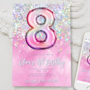 Convites Edição Rosa 8º Aniversário Modelo Gli
