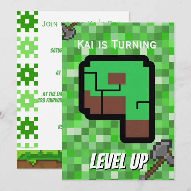 Convites Edifício Verde do Gamer Pixelado Nível 9 (Frente/Verso)