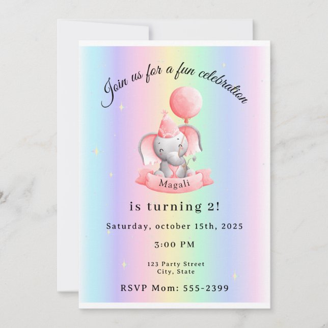 Convites Editable 2nd Birthday Invitation Cute Elephant (Frente)