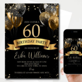 Convites Editable 60th Birthday Invitation: Black & Gold Ba