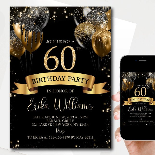 Convites Editable 60th Birthday Invitation: Black & Gold Ba (Criador carregado)