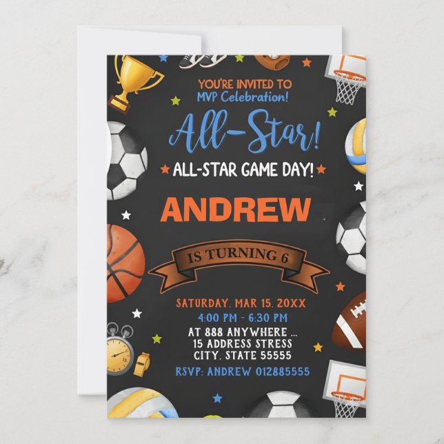 Convites Editable All Star Sports Birthday Invitation (Frente)