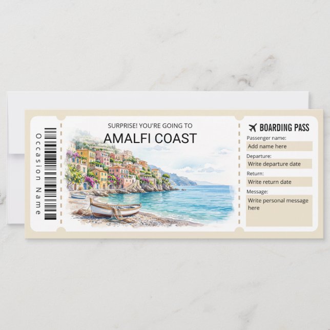 Convites Editable Amalfi Coast Trip Boarding Pass Ticket (Frente)