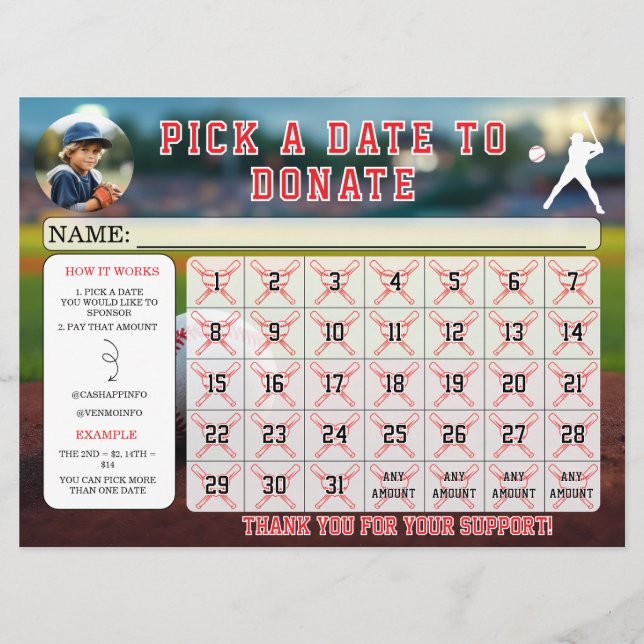 Convites Editable Baseball Fundraiser Calendar  (Frente)