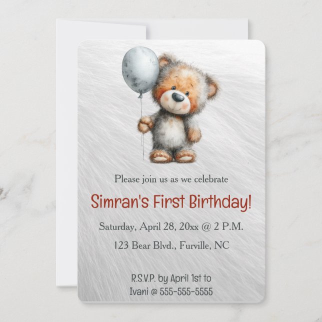 Convites Editable Bear and a Balloon Birthday (Frente)