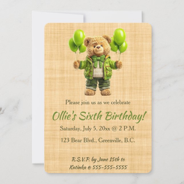Convites Editable Bear With Green Balloons Birthday (Frente)