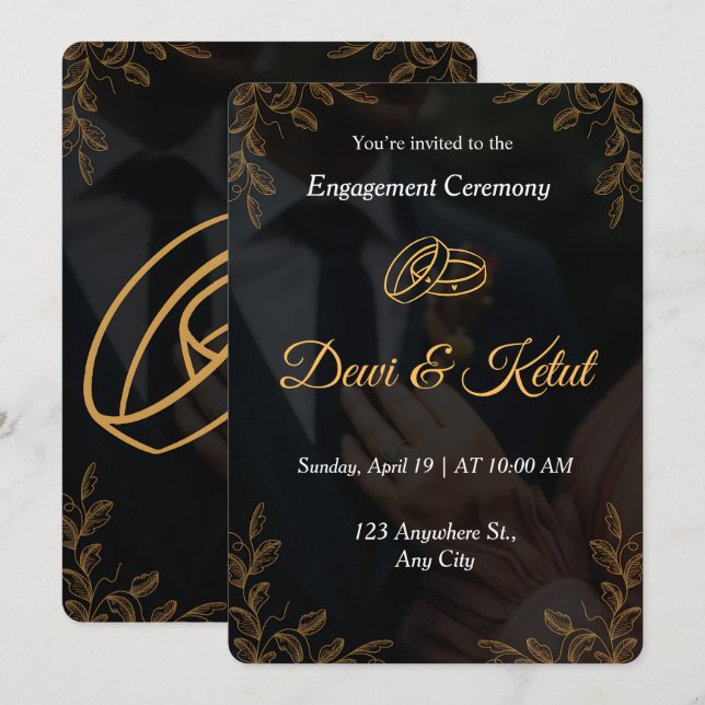 Convites Editable Black Gold Engagement Invitation Template (Frente/Verso)