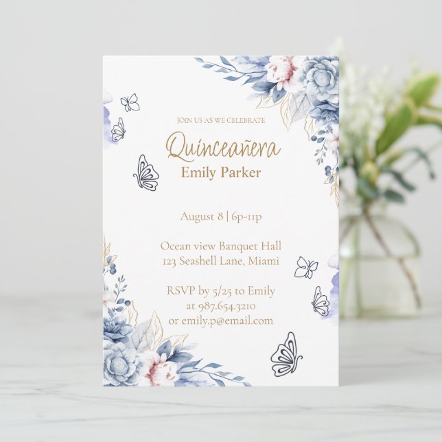 Convites Editable Blue and Gold Quinceañera Invitation (Em pé/Frente)