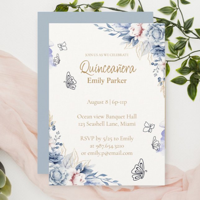 Convites Editable Blue and Gold Quinceañera Invitation (Criador carregado)