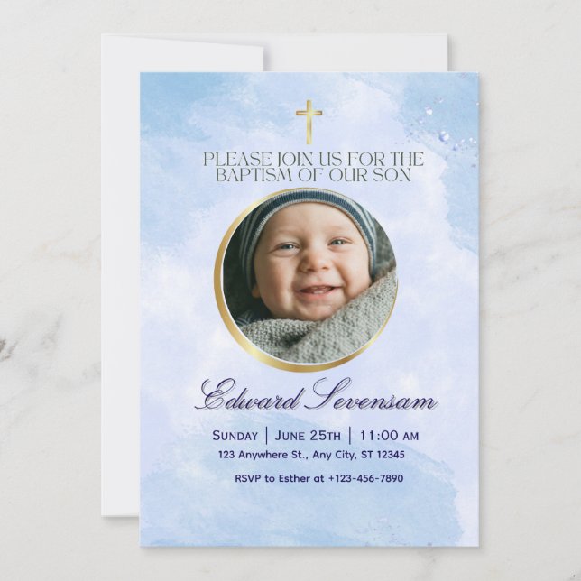 Convites Editable Blue Cloud Baby Boy Baptism  (Frente)