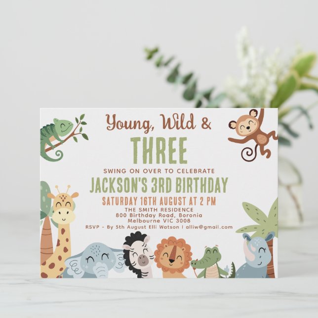 Convites Editable Brown Green Young Wild Three 3rd Birthday (Em pé/Frente)