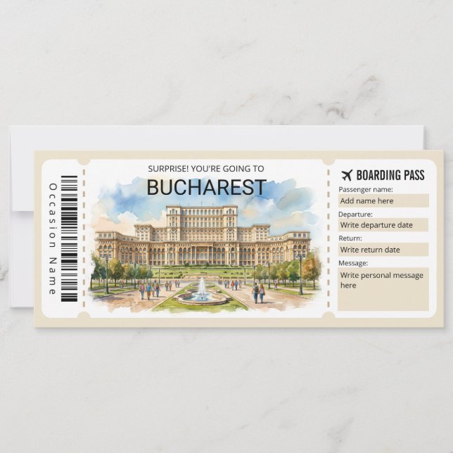 Convites Editable Bucharest Plane Boarding Pass Ticket (Frente)
