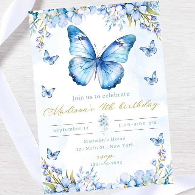 Convites Editable butterfly birthday invitation-blue butter (Criador carregado)