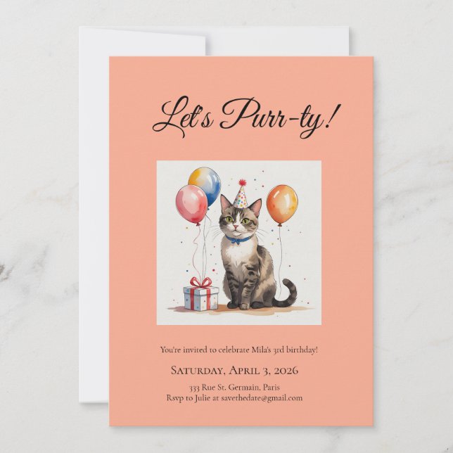 Convites Editable Cat Birthday Purr-ty Watercolour Designs (Frente)