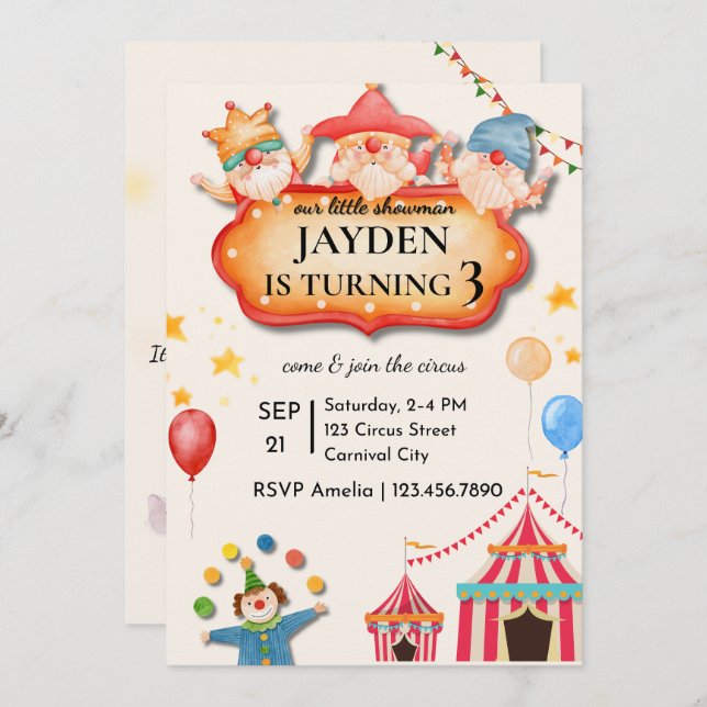 Convites Editable Circus Birthday Invitation (Frente/Verso)
