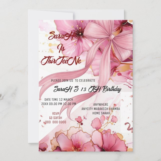 Convites Editable Coquette Pink Bow Birthday Invitation, Pi (Frente)