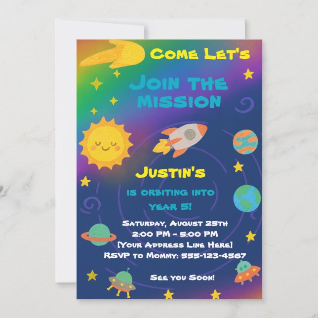 Convites Editable Crayon Style – Solar System Birthday (Frente)