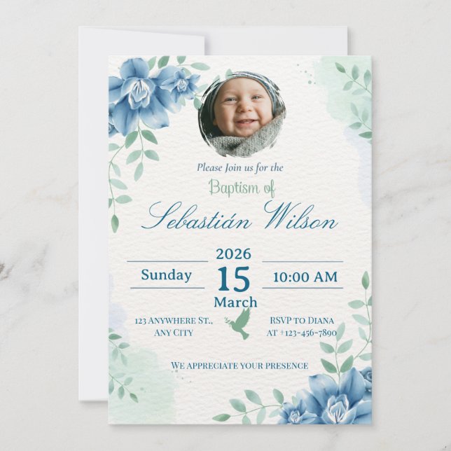 Convites Editable Cute Baby Boy Baptism (Frente)