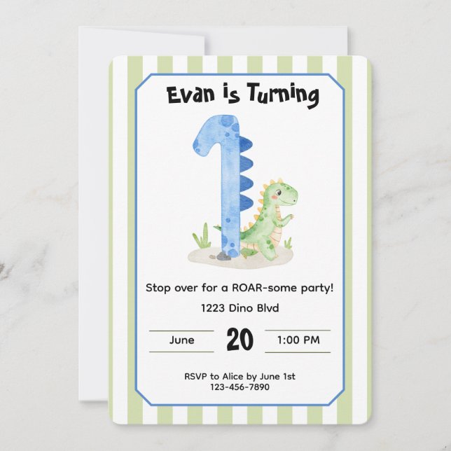 Convites Editable Dinosaur 1st Birthday Invitation  (Frente)
