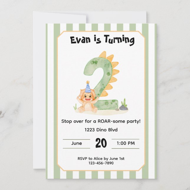 Convites Editable Dinosaur 2nd Birthday Invitation  (Frente)