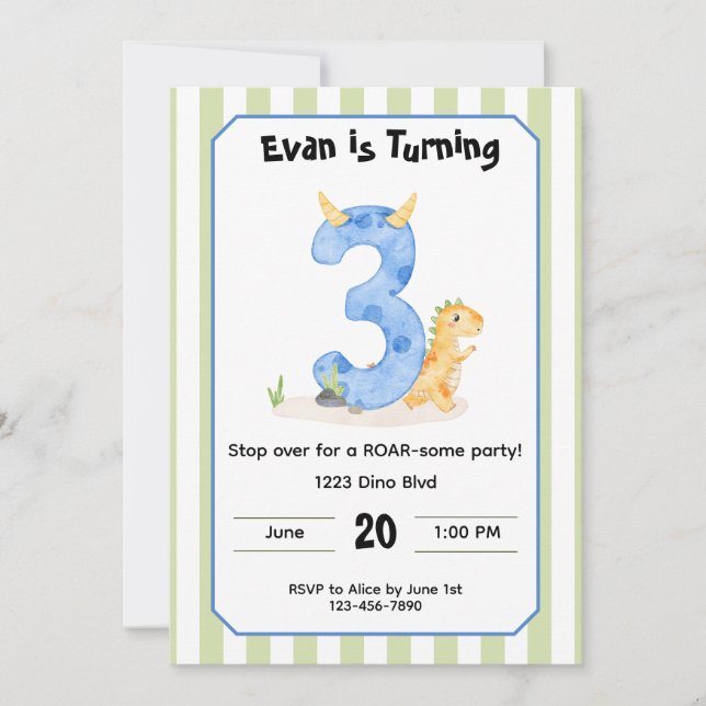 Convites Editable Dinosaur 3rd Birthday Invitation  (Frente)