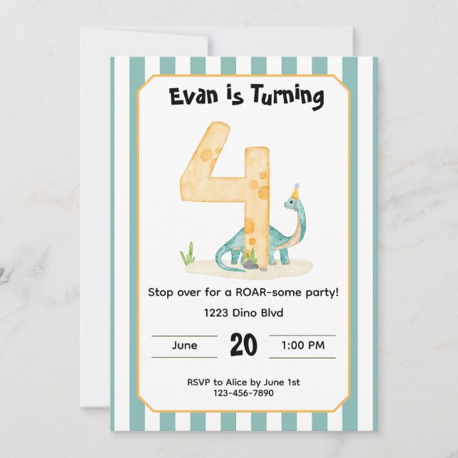Convites Editable Dinosaur 4th Birthday Invitation  (Frente)