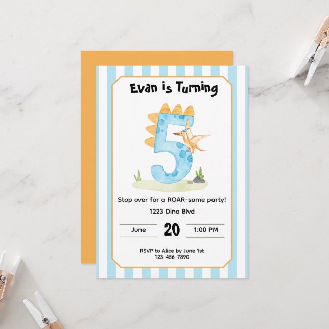 Convites Editable Dinosaur 5th Birthday Invitation  (Frente/Verso In Situ)