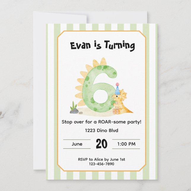 Convites Editable Dinosaur 6th Birthday Invitation  (Frente)