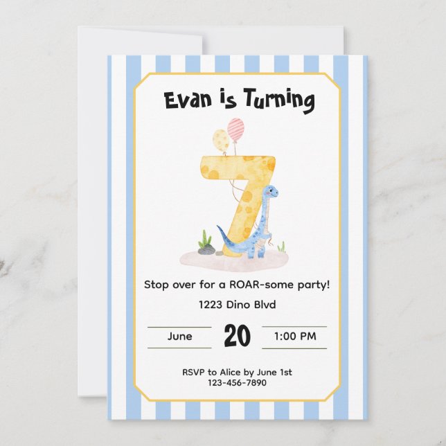 Convites Editable Dinosaur 7th Birthday Invitation  (Frente)