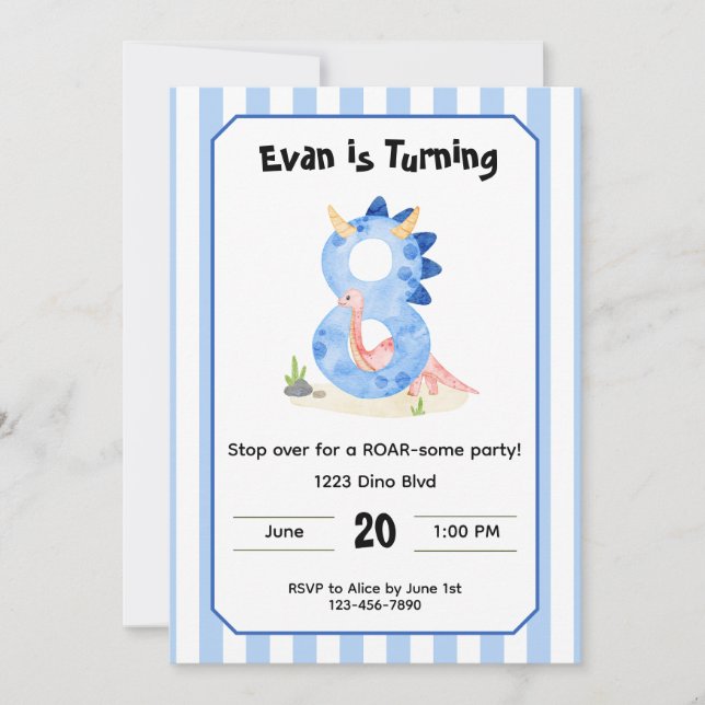 Convites Editable Dinosaur 8th Birthday Invitation  (Frente)
