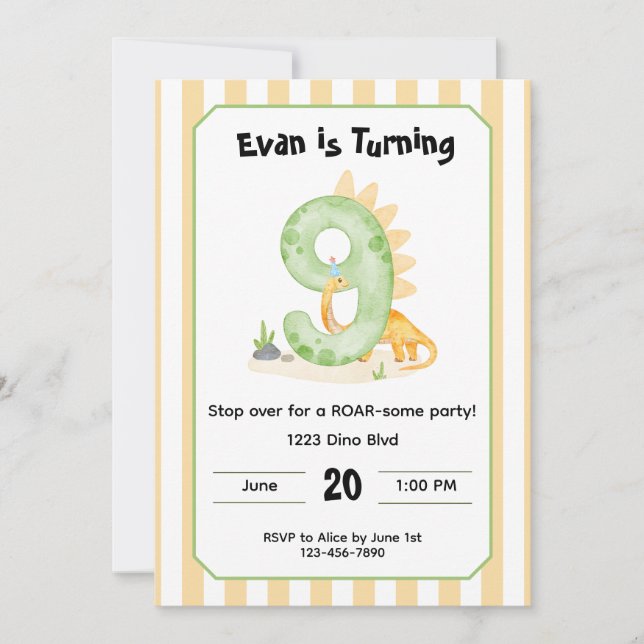 Convites Editable Dinosaur 9th Birthday Invitation  (Frente)