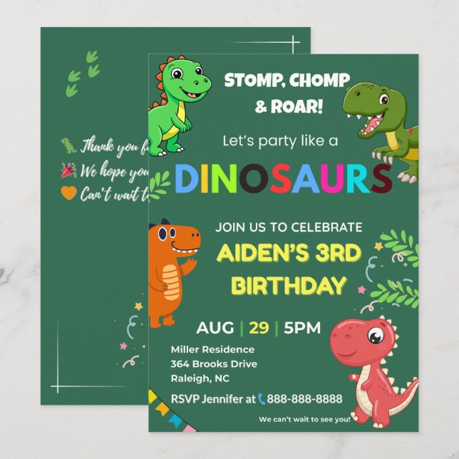 Convites Editable Dinosaur Birthday Invitation (Frente/Verso)