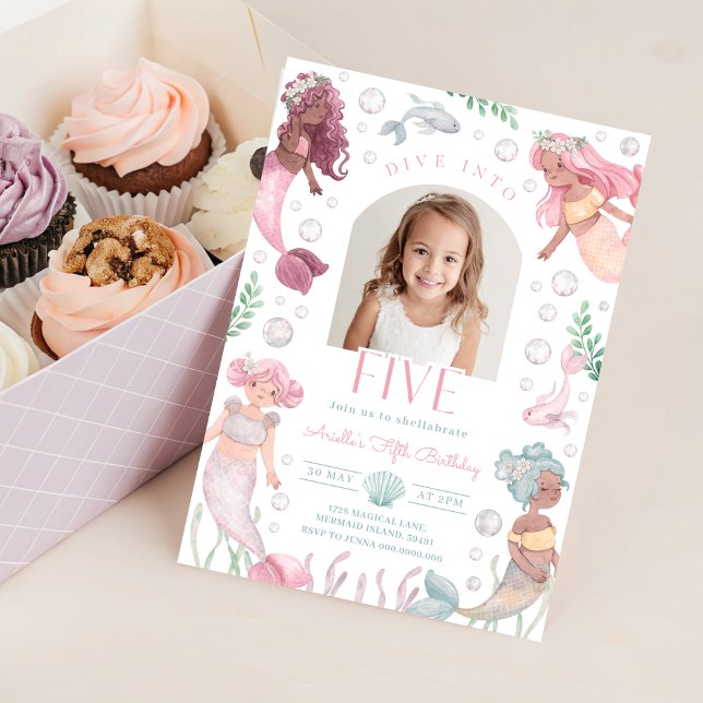 Convites Editable Dive Into Five Mermaid Invitation (Watercolor Mermaid 5th Birthday Invitation With Picture)