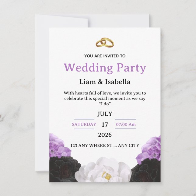 Convites Editable Elegant Purple Floral Wedding Invitation (Frente)