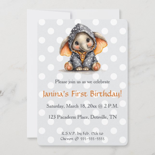 Convites Editable Elephant in Polka Dots Birthday (Frente)
