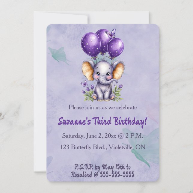 Convites Editable Elephant Three Balloons and a Butterfly (Frente)