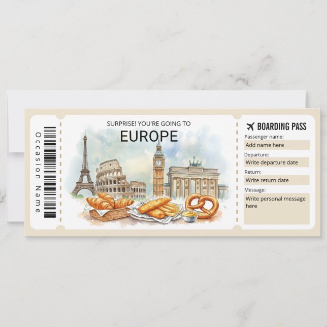 Convites Editable Europe Trip Boarding Pass Ticket (Frente)