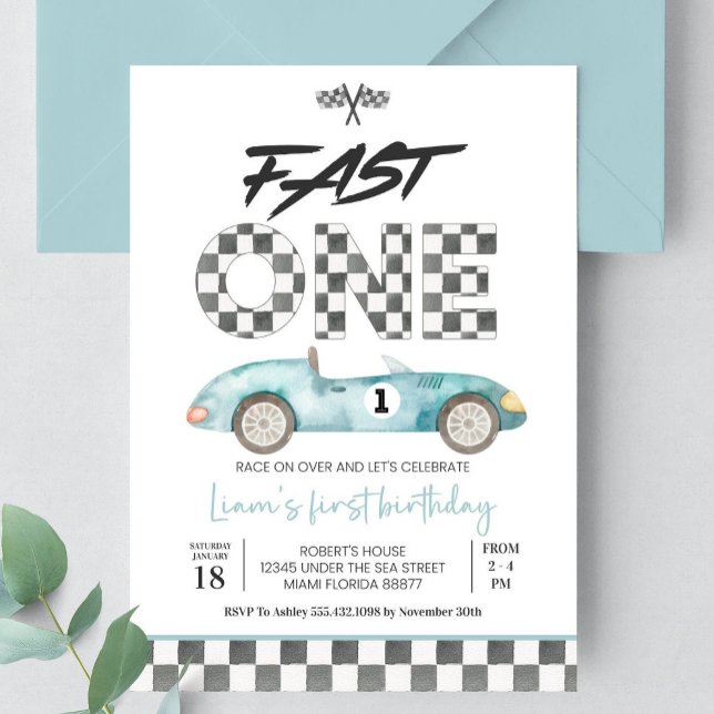 Convites Editable Fast ONE Birthday Invitation Race Car 1st (Criador carregado)