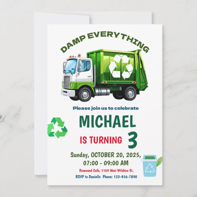 Convites Editable Garbage Truck Birthday Party Invitation (Frente)