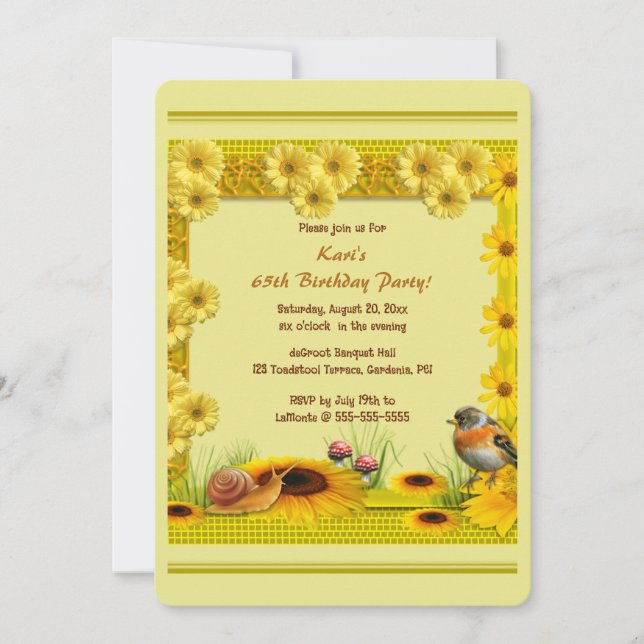 Convites Editable Garden Sunflowers Daisies Toadstool Robin (Frente)