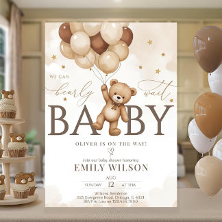 Convites EDITABLE Gender Neutral Bear Baby Shower Invitatio