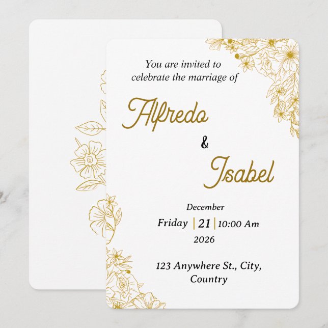 Convites Editable Gold Floral Wedding Invitation Template (Frente/Verso)