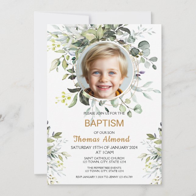 Convites Editable Greenery Photo Baptism Invitation Boy (Frente)